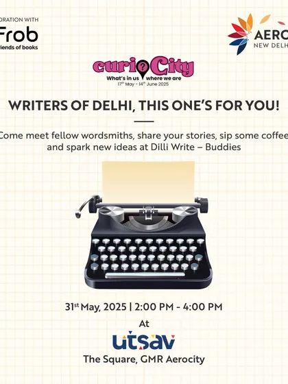 "Writers of Delhi, this one's for you!" An invitation to a writers' meetup at Utsav, positioning us as a hub for the creative community to connect and spark new ideas.