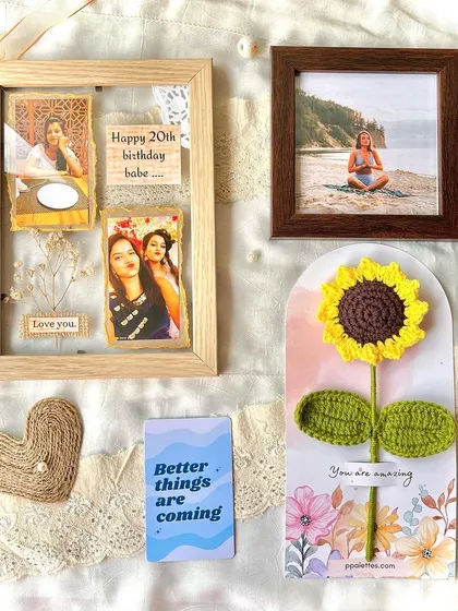 A collection of some of our most popular custom frames, including the vintage transparent frame, a standard photo frame, and a sunflower greeting card.