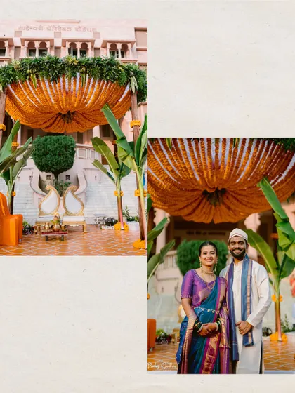 The stunning marigold-draped mandap from Sanket and Ruchi's outdoor Maharashtrian wedding.