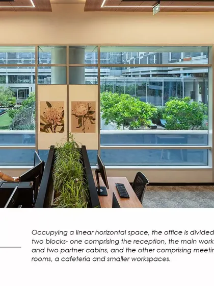 Another snippet from the Society Interiors article, detailing the linear layout of the APT office, which separates workstations from meeting rooms and common areas.