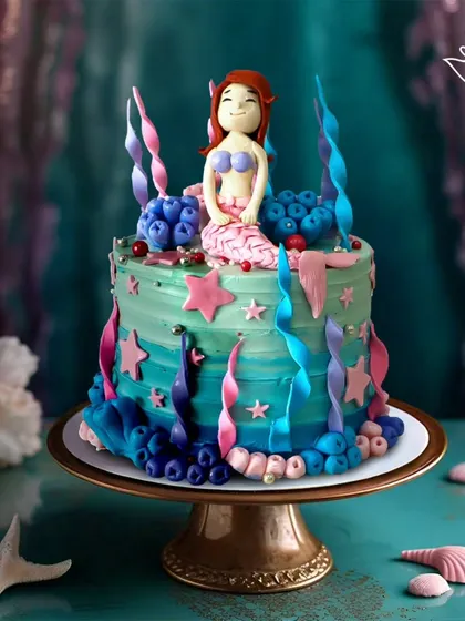 An enchanting mermaid cake with vibrant teal and blue buttercream, decorated with a fondant mermaid, starfish, and swirling seaweed. It's a perfect centerpiece for an under-the-sea party.