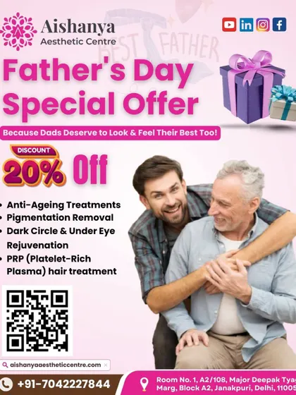 This Father's Day, give the gift of self-care. This graphic details my special offer on treatments that dads will love, including anti-aging, dark circle rejuvenation, and PRP hair treatments.