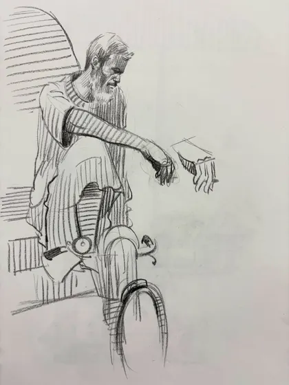 A sketch of a man resting on his cycle rickshaw, conveying a sense of fatigue and contemplation.