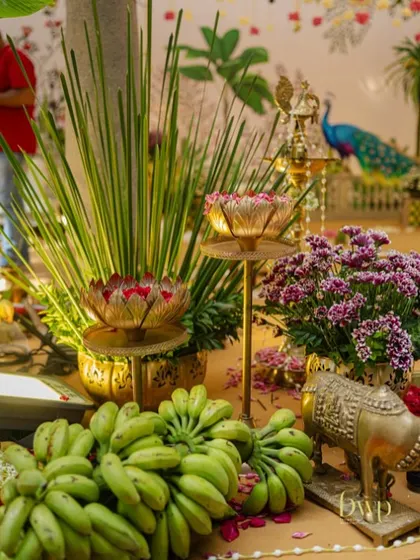 The details of a sacred ceremony are so important. We arranged traditional brass elements, fresh bananas, and floral offerings to create an authentic and beautiful setup for the wedding rituals.
