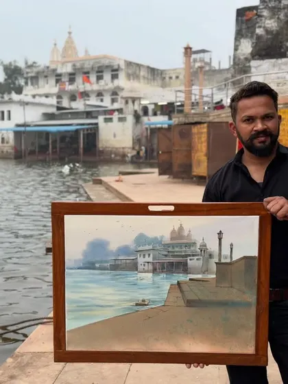 Holding the finished painting at the exact spot where it was created. It’s a great way to see how the painted version compares to the real view.