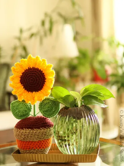 A sunflower vignette, with my crochet sunflower bringing a touch of everlasting sunshine to the room.