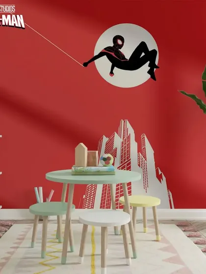 A dynamic Miles Morales-style Spider-Man mural against a city skyline, perfect for a modern and vibrant kid's room.
