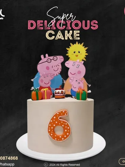 Oink oink! This simple yet adorable Peppa Pig cake is perfect for a 6th birthday. It features the whole family on top, ready to celebrate with gifts and a tiny cake of their own.