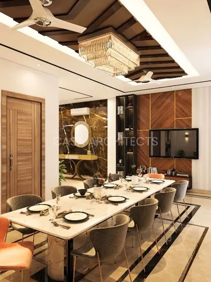 This render showcases a grand dining room with a long table, elegant chairs, and a stunning wooden ceiling detail with a crystal chandelier.
