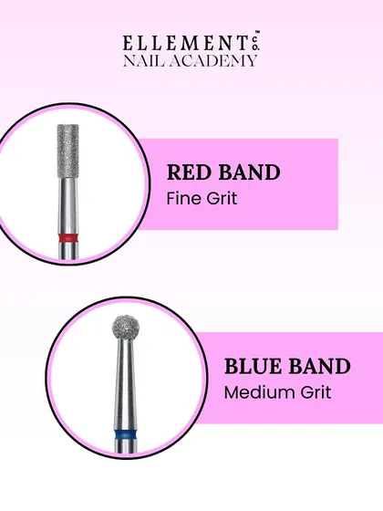 A visual guide to drill bit coarseness: Red band for fine grit and blue band for medium grit.