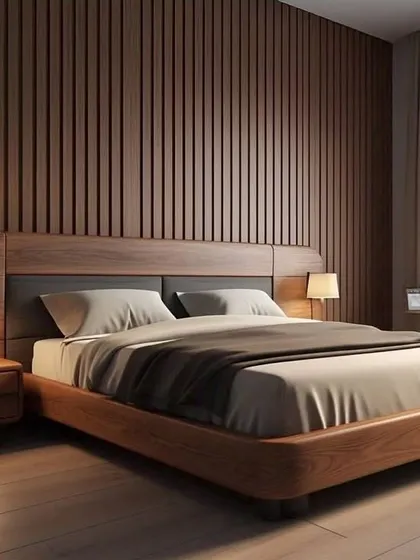 A bedroom design focused on natural textures, with a full-wall wood fluted panel behind the bed. The simple wooden bed frame and matching nightstands create a warm, minimalist, and calming environment.