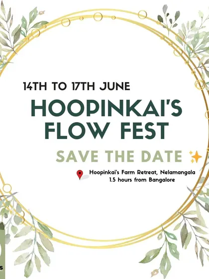 Save the date! A beautiful graphic announcing the dates and location for the upcoming Hoopinkai's Flow Fest.