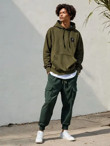 Another AI-generated 'Green Streetwear' concept, this time with cargo-style joggers and a hoodie. This shows a more utilitarian and functional approach to sustainable fashion.