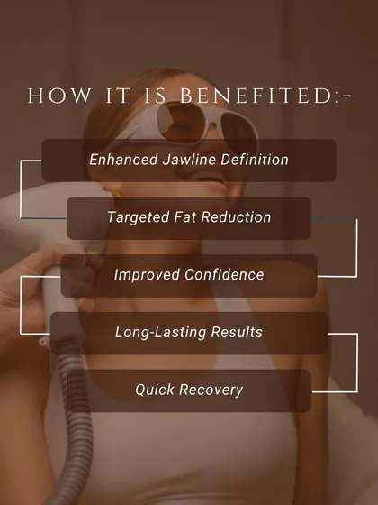 This graphic details the benefits of our Double Chin Reduction treatment. You can expect enhanced jawline definition, targeted fat reduction, and long-lasting results with a quick recovery, boosting your confidence.