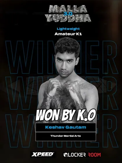 My fighter, Keshav Gautam, announced as the winner by knockout in the Amateur K1 category at Malla Yuddha 3.0. We train for decisive victories.