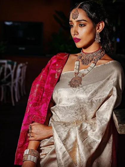 For a campaign with Sri Krishna Diamonds and Jewellery, I styled this intricate bridal look. The focus was on layering traditional jewelry with a contemporary saree and a contrasting brocade shawl to create a rich, opulent aesthetic.