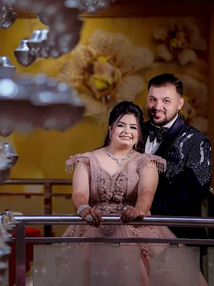 A series of portraits from an engagement, capturing the couple's love against a backdrop of sparkling disco balls.