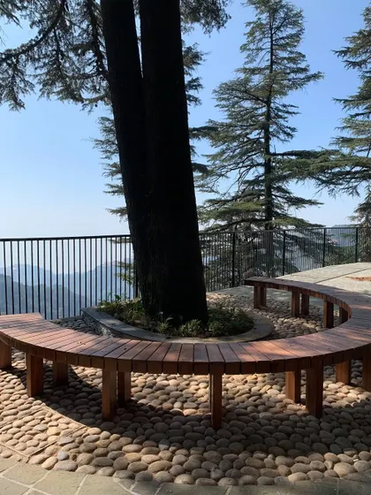 The curved wooden benches in this outdoor learning area offer a place for contemplation with a view of the Himalayas. This space was built during the lockdown using materials found on-site, a true example of circularity and resourceful placemaking.