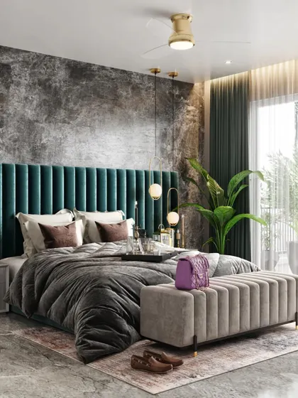 A bold master bedroom design featuring a floor-to-ceiling channel-tufted headboard in deep teal, set against a textured grey concrete wall. This render is perfect for clients who want to explore dramatic design choices.