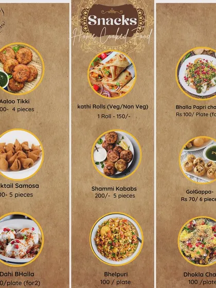 A comprehensive menu of our home-cooked snacks, including Aloo Tikki, Kathi Rolls, Golgappa, and Dahi Bhalla.