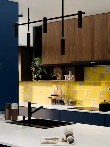 A detail of the HAUS 5 kitchen, showing the contrast between the warm wood cabinetry, the handmade-feel of the yellow tiles, and the sleek, modern black fixtures.