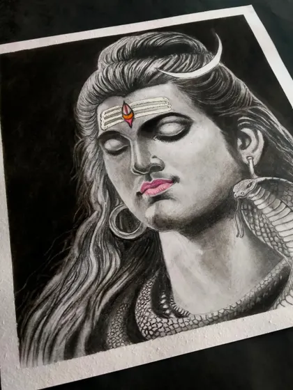 A serene portrait of Lord Shiva (Mahadev) against a dark background, with a touch of color on his lips and tilak. This creates a striking contrast.