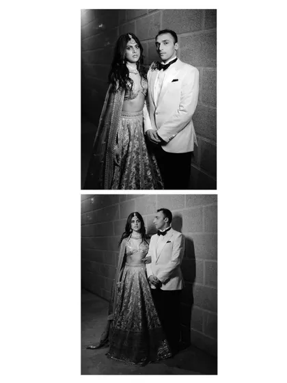 A black and white diptych of Bandhavi and Rohit, their poses exuding a cool, understated elegance in a modern setting.