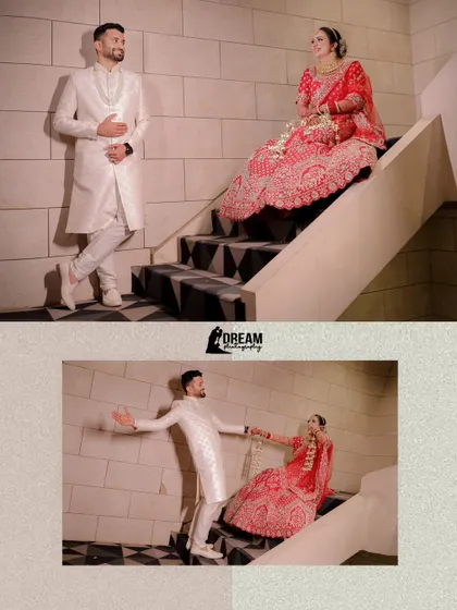 A playful collage of Ahana and Bhuvnesh on the stairs, capturing their fun and romantic chemistry.