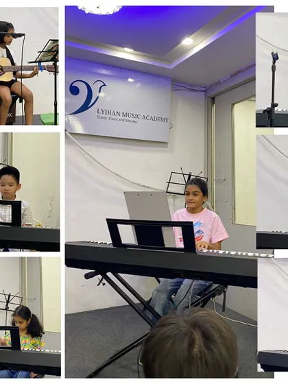 A collage from our Monsoon Performance Lab, featuring young pianists and a guitarist. We celebrate students of all instruments and skill levels.