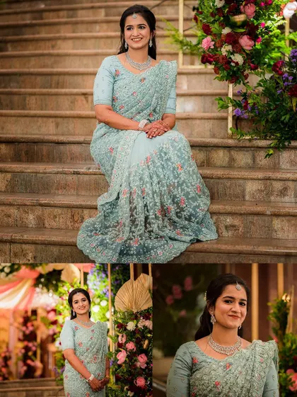 A collage of the bride in an elegant light blue saree, posing on a grand staircase and by the floral decorations.