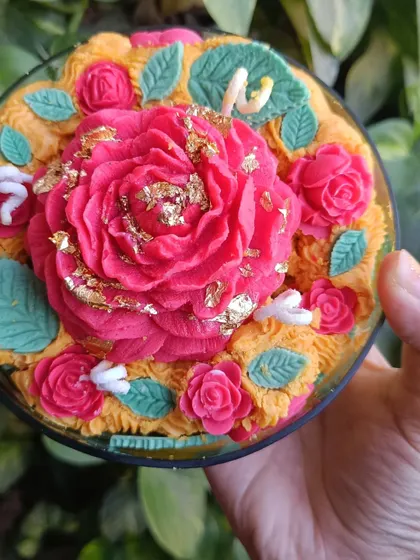 Another view of the detailed rose garden candle, perfect for custom branding.