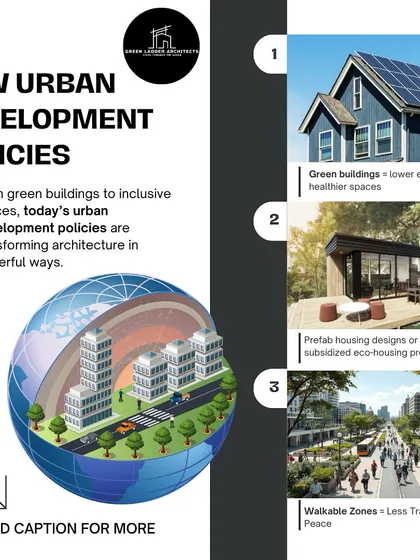 This infographic details how new urban development policies are shaping modern architecture. We incorporate principles like green buildings, prefab housing, and walkable zones into our projects to create healthier and more sustainable communities.