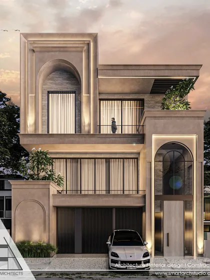 This residential proposal for West Punjabi Bagh blends neoclassical arches with modern, clean lines and a cantilevered balcony, creating a unique hybrid design.