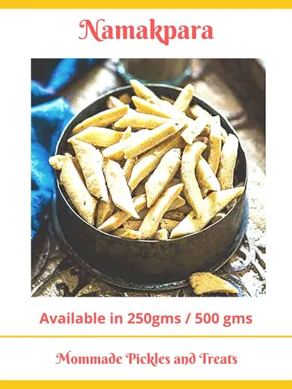 This is my Namakpara, a classic savoury snack you can't stop munching on. I make them with sooji to keep them extra light and crispy, seasoned with ajwain and cumin for that perfect traditional taste. They are available in 250g and 500g packs.