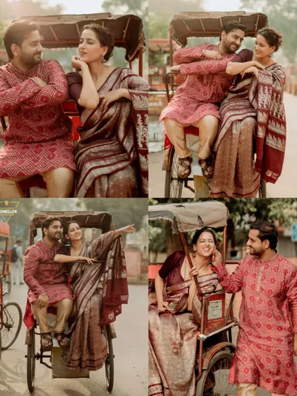 A collage of photos from our cycle rickshaw ride through Old Delhi. This shows the variety of playful and romantic moments we can capture with a single prop, telling a mini-story of your adventure together.