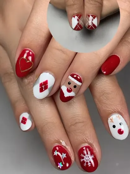 A playful and colorful Christmas set featuring Santa, a reindeer, a heart, and a snowflake. We love packing this much fun onto one set of nails.