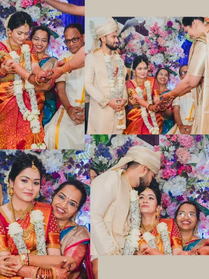 A collage from a South Indian wedding, showing the couple with their families during the ceremony, highlighting the importance of family blessings.