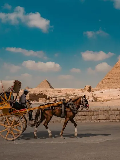 A horse-drawn carriage makes its way along a road at the Giza complex, offering a different perspective on travel around the ancient site.