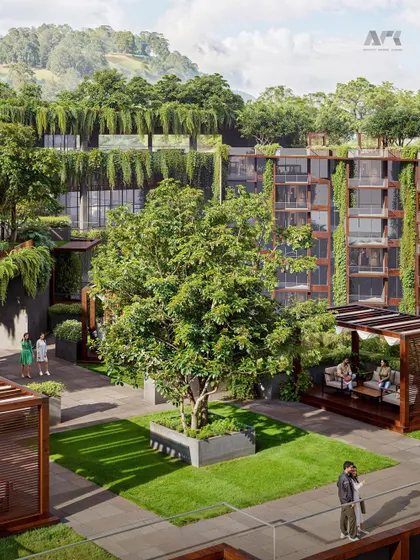 A render of the Westin Nashik, showcasing its terraced design and extensive use of greenery. The architecture is intended to feel like a natural extension of the landscape.