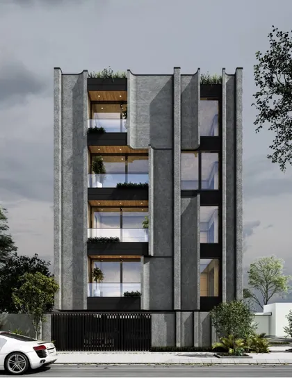A frontal view of the 'Evance' building, where the rhythmic pattern of the facade is clearly visible. The design balances private balconies with large glass windows, providing residents with both shelter and views.