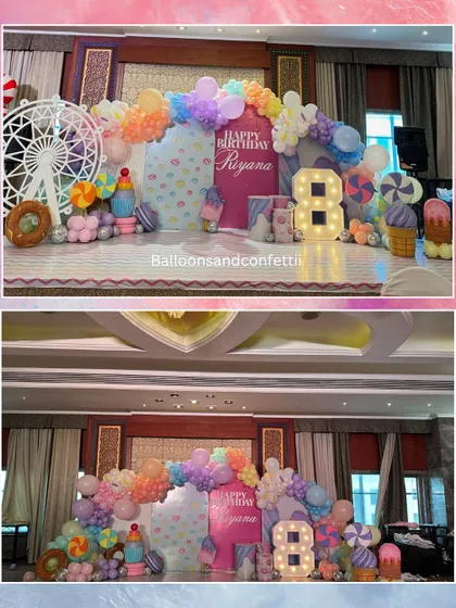 A collage showing different perspectives of the grand Candyland stage setup.