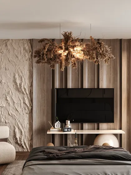 A bedroom with a wabi-sabi aesthetic, featuring a textured plaster wall, natural wood, and a unique dried-grass chandelier. This render explores organic and unconventional design ideas.