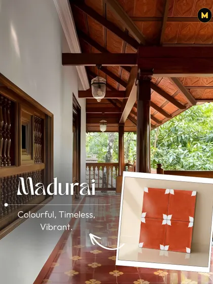 Madurai is colorful, timeless, and vibrant. This classic red Athangudi tile with a simple white motif perfectly captures the soulful, traditional energy of the temple town.