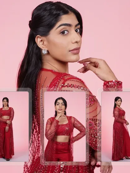A collage of the red three-piece Indo-western set, showing off its sparkling details and versatile styling options.