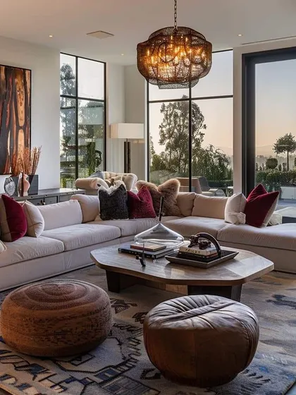 This living room features a mix of textures, from the leather poufs to the patterned rug and large woven chandelier. The design feels curated, comfortable, and worldly.