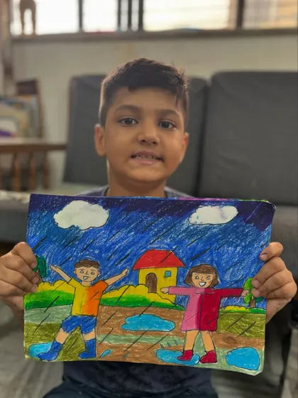 Another memory drawing of a rainy day scene by a 4th-grade student. Each student develops their own style while learning the core principles of memory drawing.