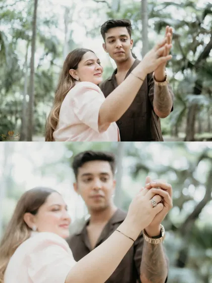 A diptych showing a couple lost in a dance in a forest setting. The focus on their hands and expressions tells a story of gentle romance and connection.