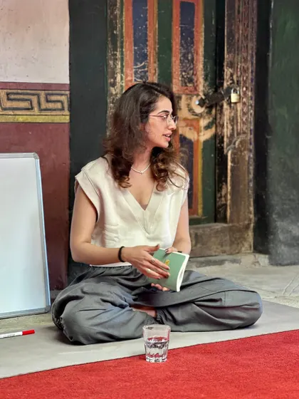In my natural habitat: teaching, curating, and exploring. This was during a philosophy session at our Ladakh retreat.