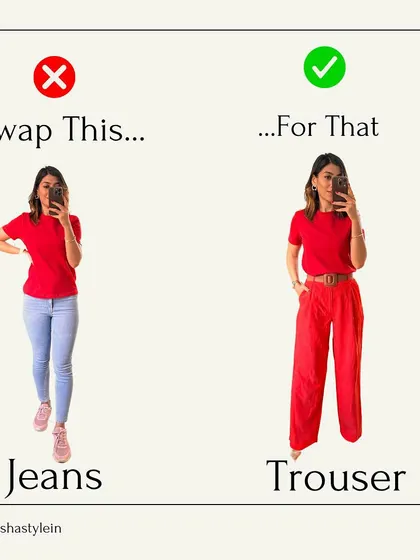 An instant upgrade: swap your basic t-shirt and skinny jeans combo for the same t-shirt paired with high-waisted, wide-leg trousers and a belt.