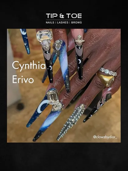 The Grammy Awards are a source of major inspiration. These celestial-themed nails with intricate details and gemstone embellishments are a perfect example of wearable art.